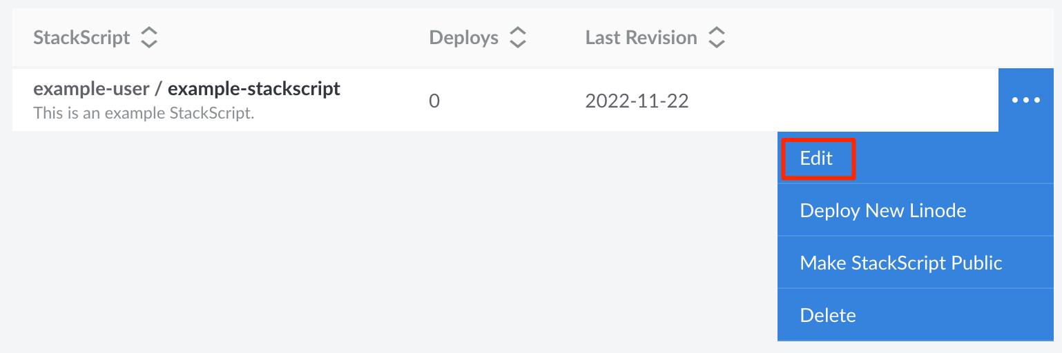 Screenshot of the edit button for a StackScript Screenshot of the edit button for a StackScript