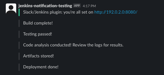 Notifications on the Jenkins pipelines progress posted to a Slack channel
